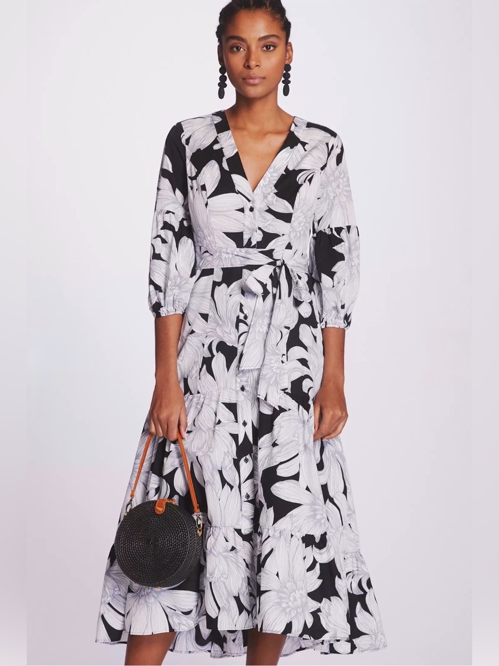 Anthropologie Maeve Puff-Sleeved Tiered Button Down Floral Midi Dress